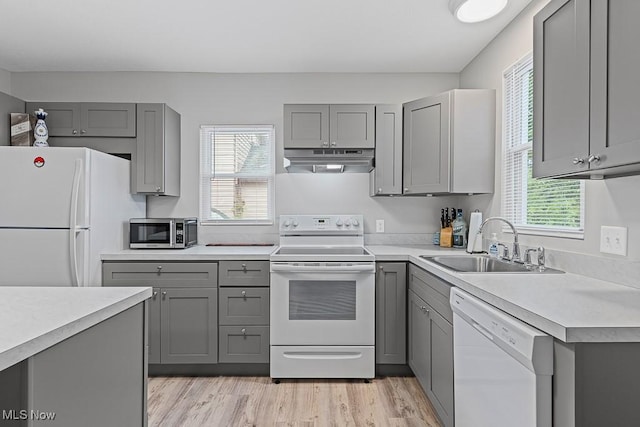 319 Sterling Ct, Akron, OH 44304 - kitchen featuring white appliances, under cabinet range hood, gray cabinets, and plenty of natural light