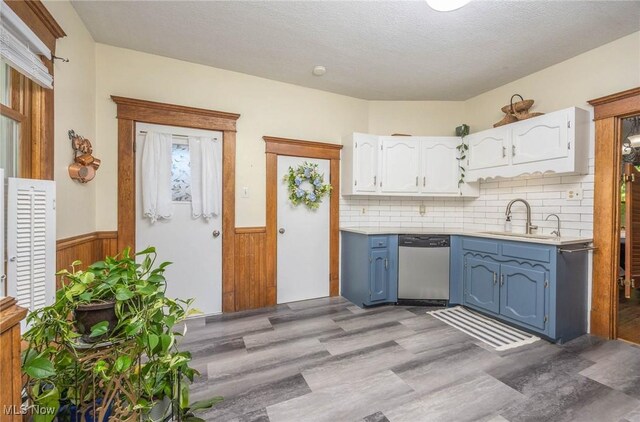 201 E Spring St, Marietta, OH 45750 - kitchen with blue cabinetry, stainless steel dishwasher, a sink, white cabinetry, and a wainscoted wall