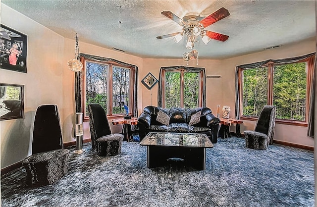 6419 S Rim Cir, Valley City, OH 44280 - carpeted living room featuring a textured ceiling, ceiling fan, and baseboards