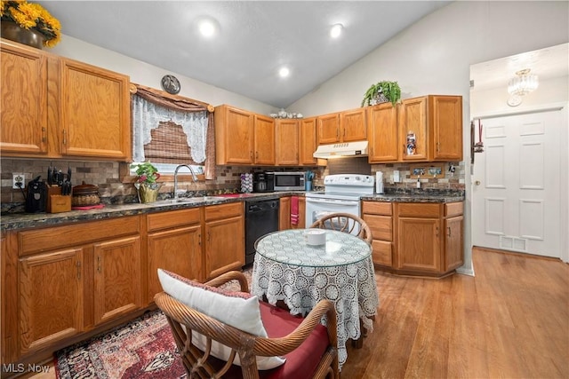 6610 Lear Nagle Rd Unit 26, North Ridgeville, OH 44039 - kitchen with black dishwasher, electric range, stainless steel microwave, a sink, and under cabinet range hood