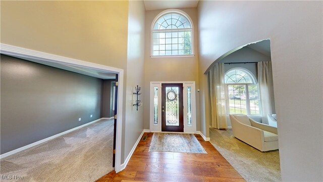 3130 Hollybrook Ln, Mogadore, OH 44260 - carpeted foyer entrance featuring arched walkways, wood-type flooring, a towering ceiling, and baseboards