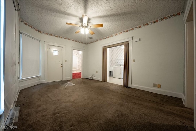 113 Lincoln Ct, Elyria, OH 44035 - unfurnished room with washer / dryer, a textured ceiling, carpet flooring, ceiling fan, and baseboards