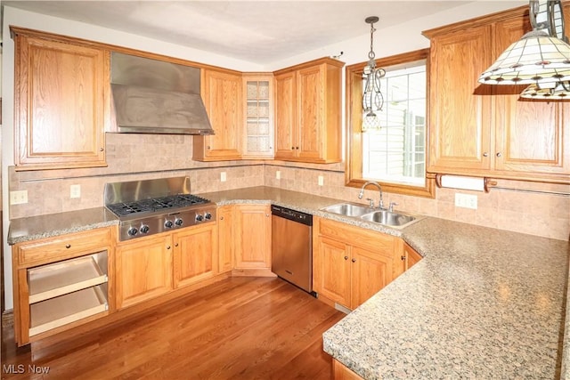 5280 Kapok Dr, Medina, OH 44256 - kitchen with appliances with stainless steel finishes, custom exhaust hood, a sink, light wood finished floors, and pendant lighting