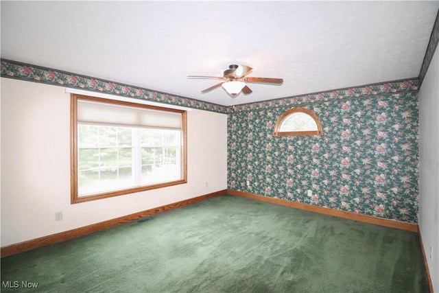 5280 Kapok Dr, Medina, OH 44256 - unfurnished room with healthy amount of natural light, ceiling fan, carpet, baseboards, and wallpapered walls