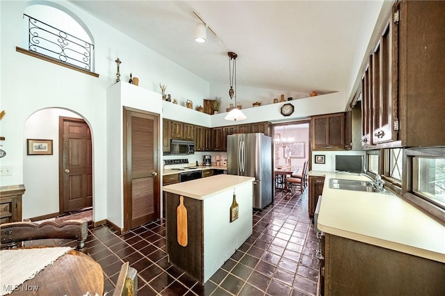10576 Hemlock Ridge Dr, Chardon, OH 44024 - kitchen with appliances with stainless steel finishes, a center island, light countertops, a sink, and dark brown cabinetry