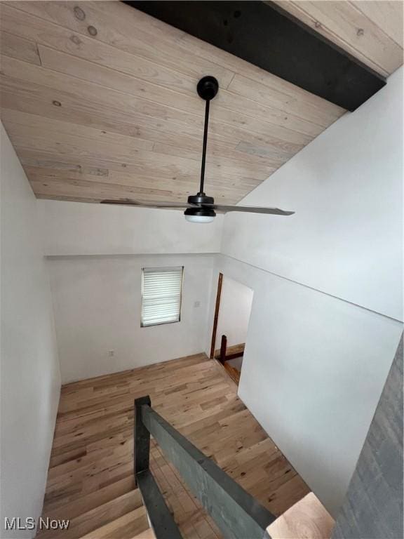26938 County Rd 1, Coshocton, OH 43812 - stairway featuring wood ceiling, wood finished floors, lofted ceiling, and ceiling fan