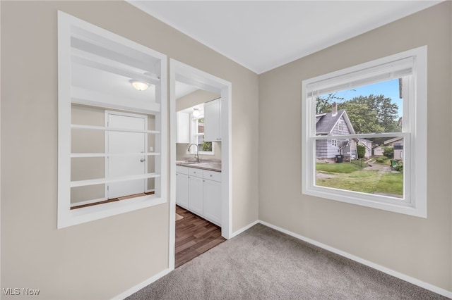 180 Glenn St, Barberton, OH 44203 - unfurnished room with dark colored carpet, healthy amount of natural light, baseboards, and a sink