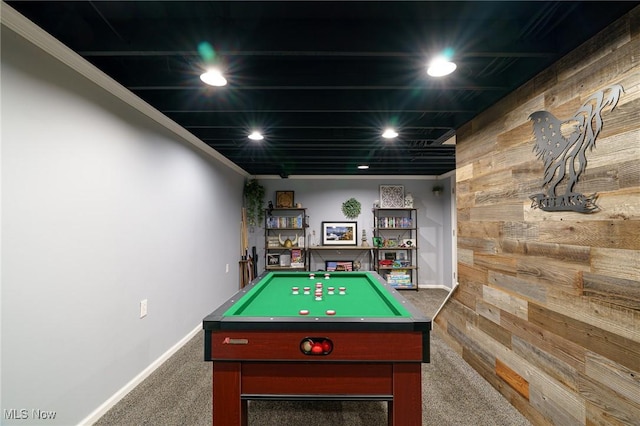 20686 Wildwood Ln, Strongsville, OH 44149 - recreation room with wooden walls, carpet floors, recessed lighting, pool table, and baseboards