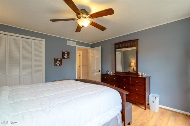 20686 Wildwood Ln, Strongsville, OH 44149 - bedroom with light wood-style flooring, a closet, ceiling fan, and baseboards