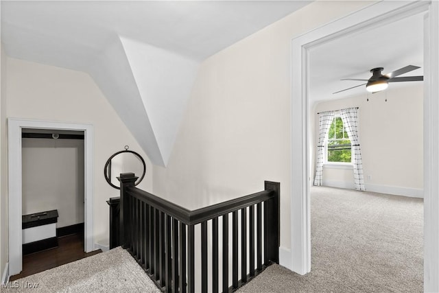 3652 Brightway St, Weirton, WV 26062 - staircase featuring baseboards, carpet floors, a ceiling fan, and lofted ceiling