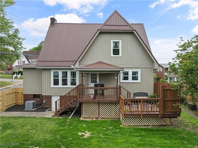 3652 Brightway St, Weirton, WV 26062 - rear view of property featuring a wooden deck, central air condition unit, a standing seam roof, and metal roof