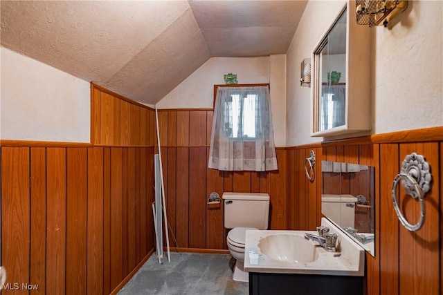 2200 7th Ave, Parkersburg, WV 26101 - bathroom with lofted ceiling, toilet, wooden walls, vanity, and a wainscoted wall