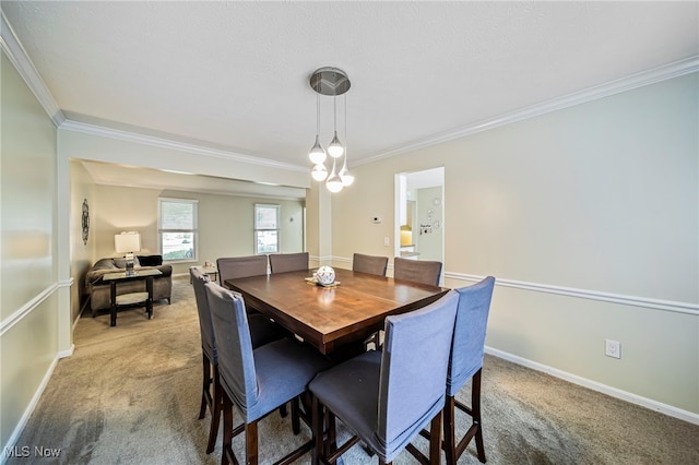 20393 Wildwood Ln, Strongsville, OH 44149 - dining space featuring ornamental molding, carpet flooring, and baseboards
