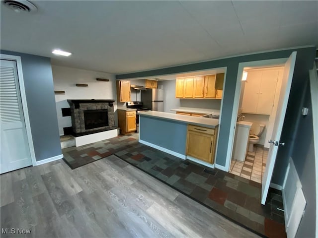 7121 Fable SW, Sherrodsville, OH 44675 - kitchen featuring stainless steel appliances, a stone fireplace, dark wood finished floors, and light countertops