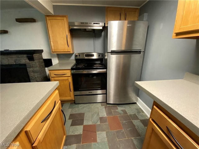 7121 Fable SW, Sherrodsville, OH 44675 - kitchen with stainless steel appliances, extractor fan, a fireplace, light countertops, and stone finish flooring