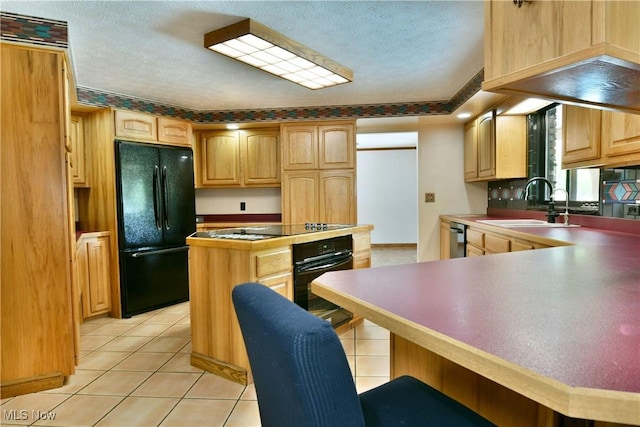 2942 Barclay Messerly Rd, Southington, OH 44470 - kitchen featuring black appliances, a sink, light tile patterned floors, a peninsula, and a center island