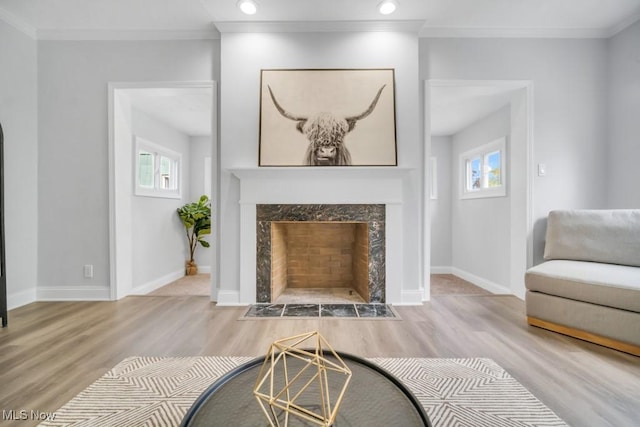 2186 Jackson Blvd, University Heights, OH 44118 - living room with wood finished floors, plenty of natural light, baseboards, a high end fireplace, and ornamental molding