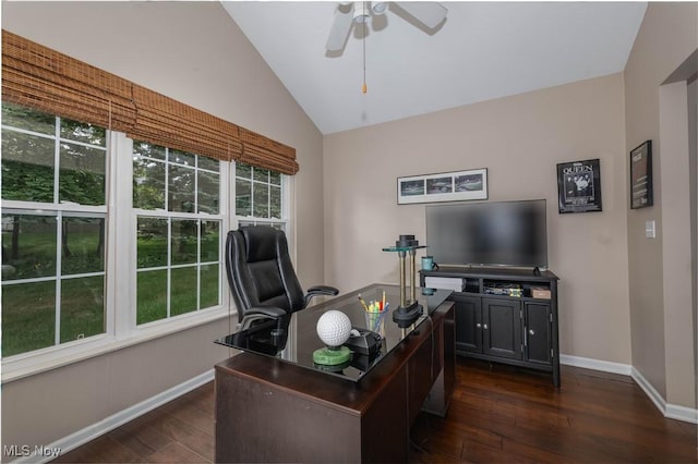 3347 Reserve Dr Unit 36, Cuyahoga Falls, OH 44223 - office area with lofted ceiling, dark wood-type flooring, baseboards, and a ceiling fan