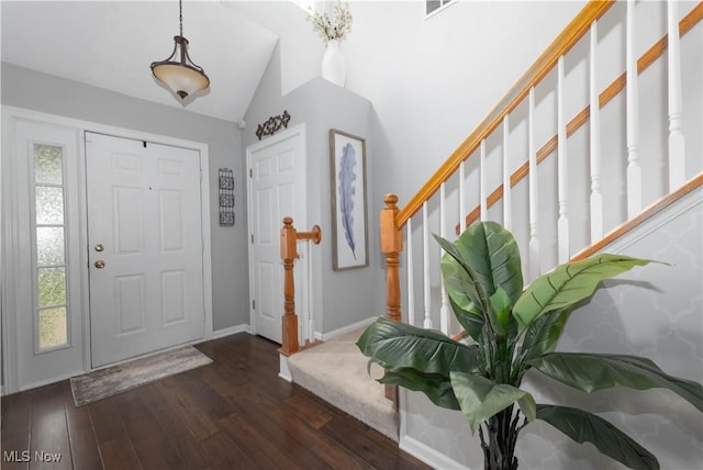 3347 Reserve Dr Unit 36, Cuyahoga Falls, OH 44223 - entryway with lofted ceiling, stairs, dark wood-style floors, and baseboards