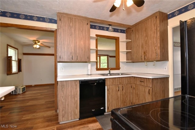 3927 Princeton Blvd, South Euclid, OH 44121 - kitchen with ceiling fan, black appliances, a sink, open shelves, and light countertops