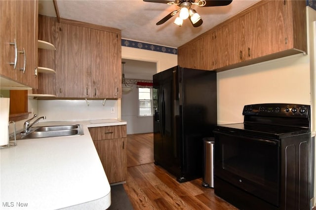 3927 Princeton Blvd, South Euclid, OH 44121 - kitchen featuring black appliances, a sink, open shelves, a ceiling fan, and dark wood finished floors