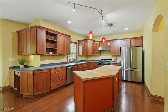 7234 Bridlewood Dr, Concord, OH 44077 - kitchen with stainless steel appliances, wood counters, under cabinet range hood, a sink, and dark wood finished floors
