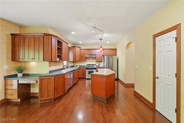 7234 Bridlewood Dr, Concord, OH 44077 - kitchen with stainless steel appliances, under cabinet range hood, open shelves, dark wood-style floors, and recessed lighting