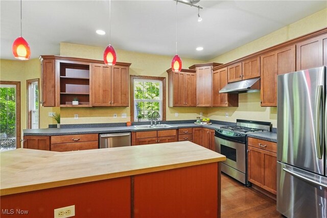 7234 Bridlewood Dr, Concord, OH 44077 - kitchen featuring appliances with stainless steel finishes, wooden counters, under cabinet range hood, and a sink