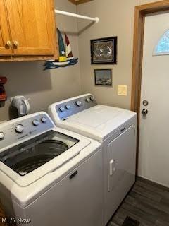 8452 E Bay Shore Rd Unit 7, Danbury, OH 43440 - laundry area with washer and clothes dryer, cabinet space, and dark wood finished floors