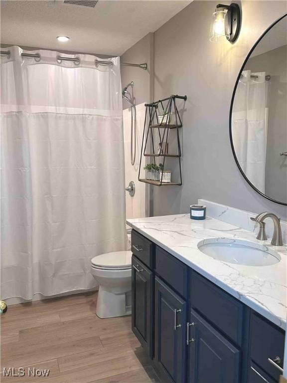 114 Mallard Creek Run, Lagrange, OH 44050 - bathroom with vanity, wood finished floors, toilet, and a shower with shower curtain