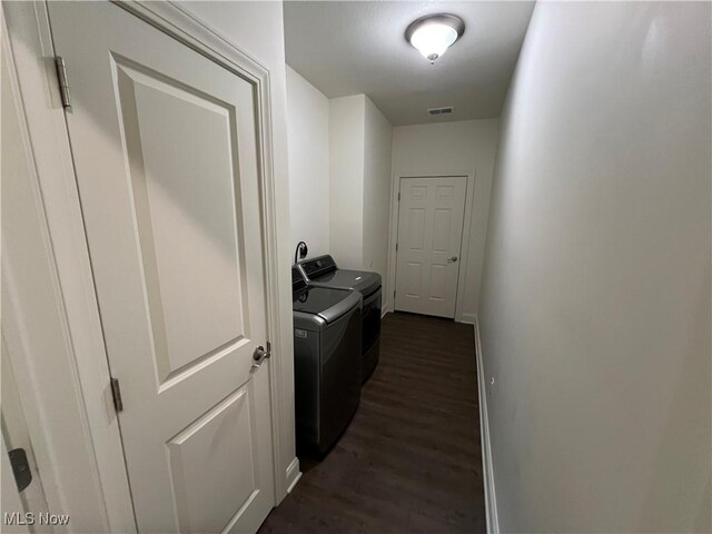 261 Valley View Dr, Weirton, WV 26062 - laundry room featuring washing machine and dryer, dark wood-style floors, and baseboards