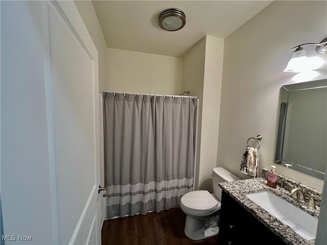 261 Valley View Dr, Weirton, WV 26062 - bathroom with toilet, vanity, wood finished floors, and a shower with curtain
