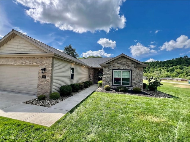 261 Valley View Dr, Weirton, WV 26062 - ranch-style home with brick siding, a front yard, and a garage
