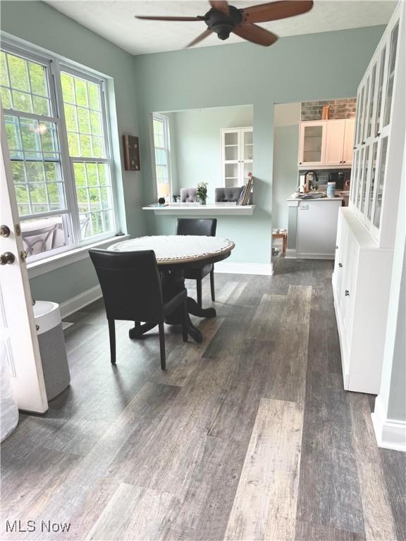 73 Falls River Dr Unit 6, Munroe Falls, OH 44262 - dining space featuring a ceiling fan, dark wood finished floors, and baseboards