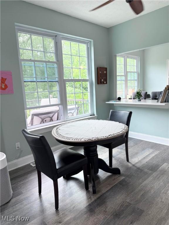 73 Falls River Dr Unit 6, Munroe Falls, OH 44262 - dining space with dark wood-style floors, baseboards, and ceiling fan