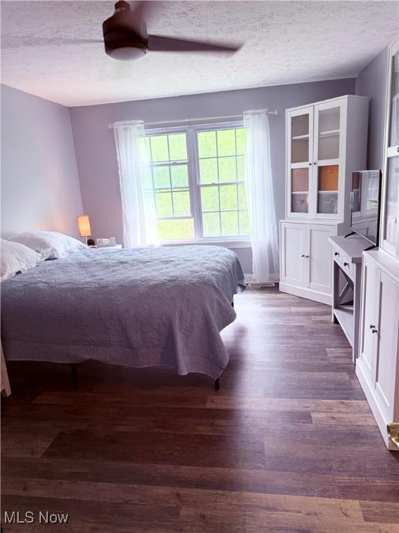 73 Falls River Dr Unit 6, Munroe Falls, OH 44262 - bedroom featuring dark wood-style floors, a textured ceiling, and ceiling fan