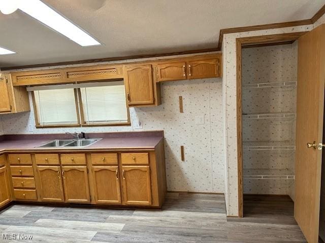 1569 Bogie Ln, Painesville, OH 44077 - kitchen with a sink, light wood-style floors, brown cabinets, and wallpapered walls
