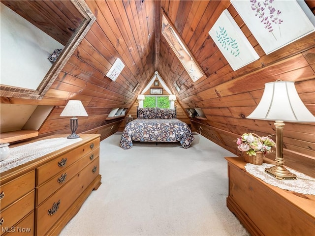 316 Saint Andrews Ln, Senecaville, OH 43780 - bedroom with wood ceiling, wood walls, lofted ceiling, and light colored carpet