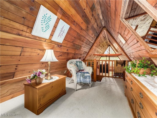 316 Saint Andrews Ln, Senecaville, OH 43780 - sitting room featuring wood walls, carpet, wood ceiling, and lofted ceiling