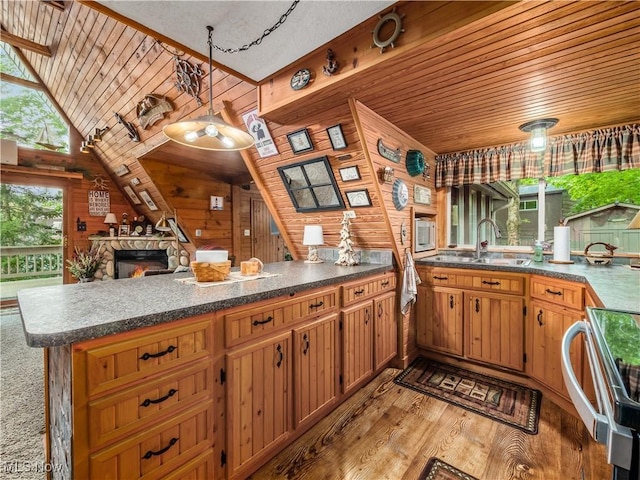 316 Saint Andrews Ln, Senecaville, OH 43780 - kitchen with a sink, stainless steel stove, wooden ceiling, light wood finished floors, and wood walls