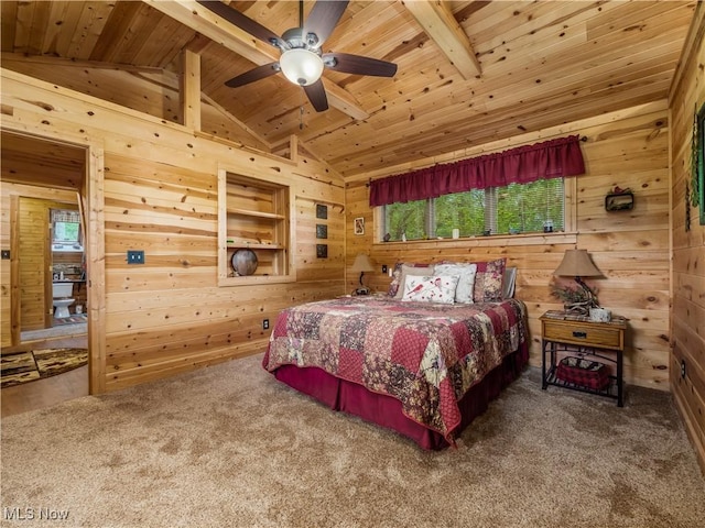 316 Saint Andrews Ln, Senecaville, OH 43780 - bedroom with wooden walls, carpet floors, wooden ceiling, and a ceiling fan