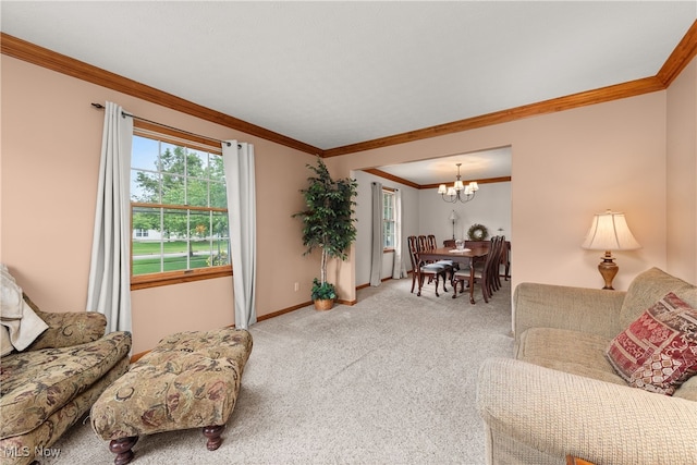 8373 Forest View Dr, Olmsted Falls, OH 44138 - carpeted living room featuring crown molding, a chandelier, and baseboards