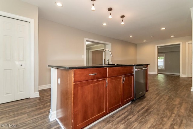 8526 Hoyt Ct, Mentor, OH 44060 - kitchen with a sink, dark countertops, stainless steel dishwasher, baseboards, and dark wood-style floors