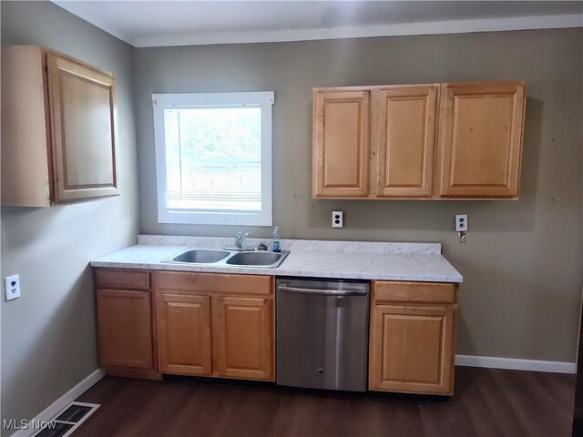 681 Madison St, Conneaut, OH 44030 - kitchen featuring dishwasher, a sink, dark wood-style flooring, and light countertops