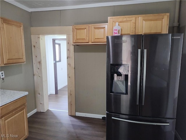 681 Madison St, Conneaut, OH 44030 - kitchen with fridge with ice dispenser, light brown cabinets, dark wood-type flooring, baseboards, and light stone countertops