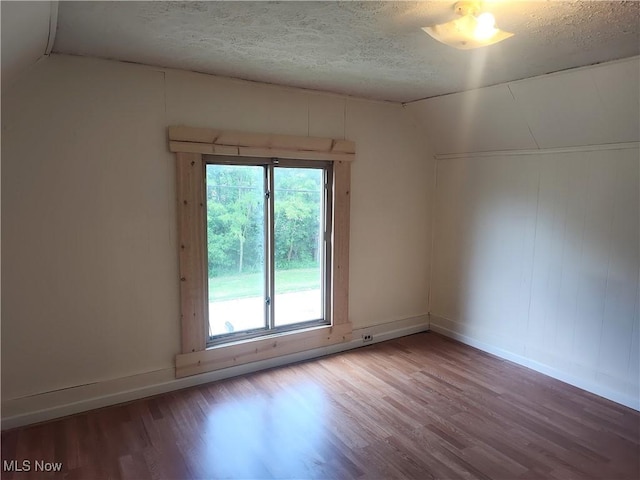 681 Madison St, Conneaut, OH 44030 - unfurnished room featuring wood finished floors, vaulted ceiling, baseboards, and a textured ceiling