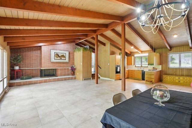 8049 Mccreary Rd, Broadview Heights, OH 44147 - unfurnished dining area featuring a chandelier, wooden ceiling, brick wall, and wood walls