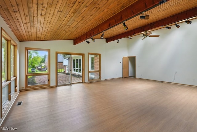 8049 Mccreary Rd, Broadview Heights, OH 44147 - empty room featuring rail lighting, wood finished floors, baseboards, a ceiling fan, and wooden ceiling
