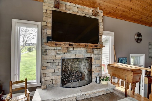 85530 Beagle Club Rd, Scio, OH 43988 - detailed view of a stone fireplace and wood ceiling