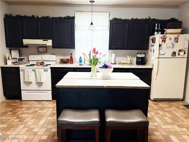 1324 N 4th St, Toronto, OH 43964 - kitchen with white appliances, range hood, brick patterned floors, and dark cabinets